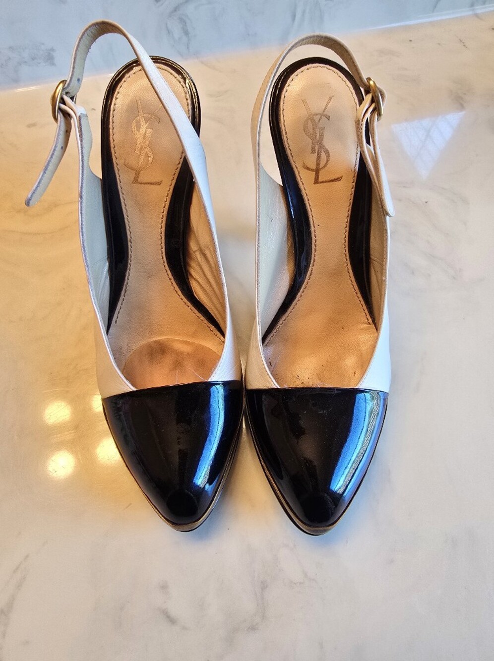 Yves Saint Laurent Rive Gauche Leather Colorblock Pattern Slingback Pumps 39 - Picture 2 of 14